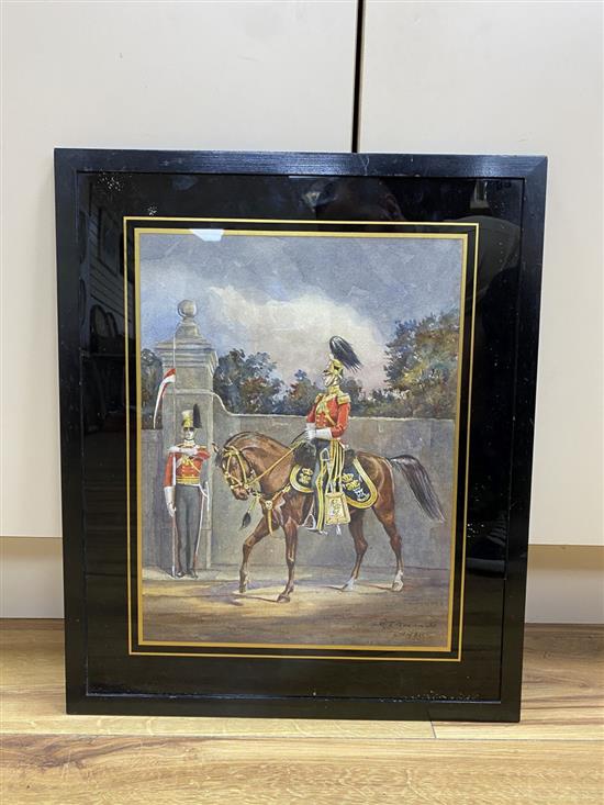 R.J. Mau.imechangier ..., watercolour, Officer and Lancer of the XVII Lancers 1833-39, signed and dated 1938, 37 x 28cm